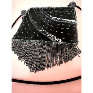 Vintage Black Beaded Evening Purse With Fringe & Long Strap